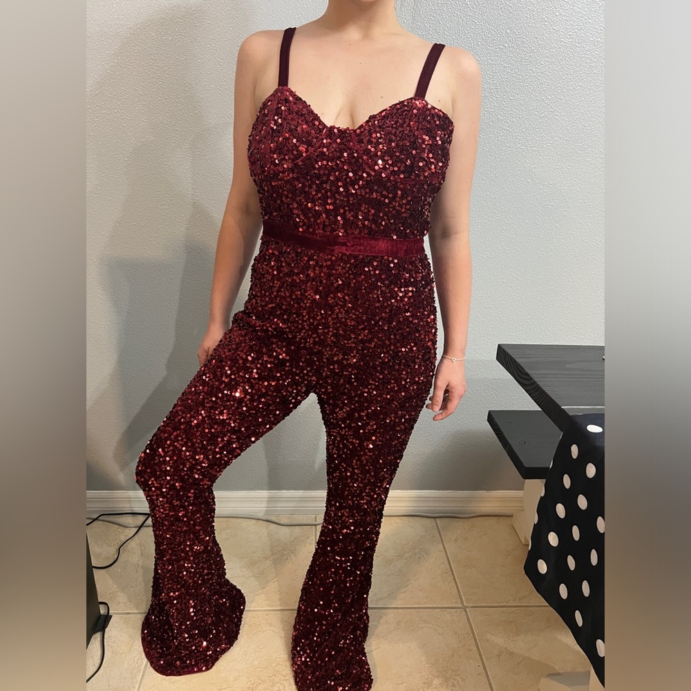 NWT Fully Sequined with velvet accents Red/Burgundy jumpsuit